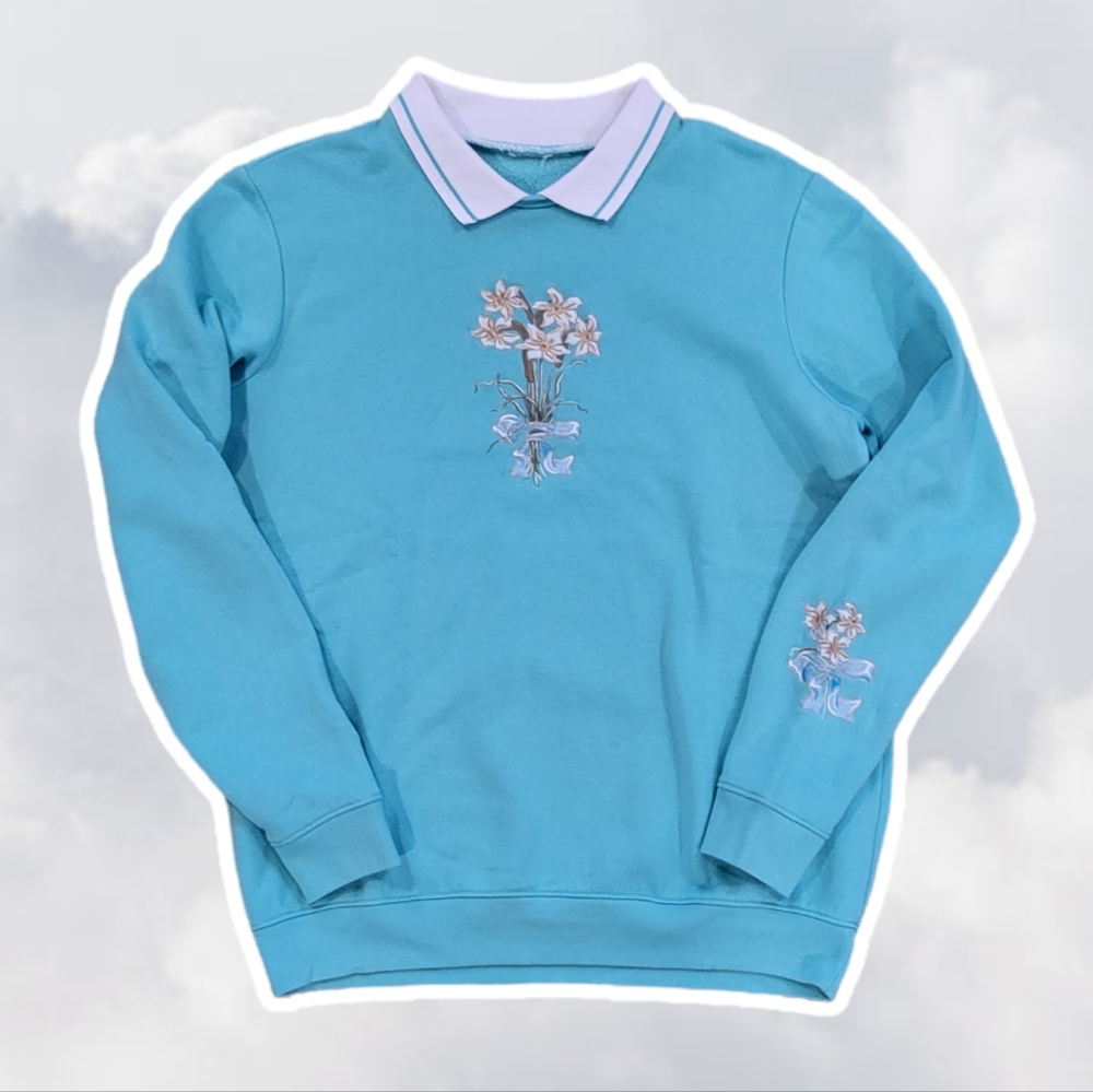 Vintage Embroidered Collared Long Sleeve Pullover Tiffany Blue